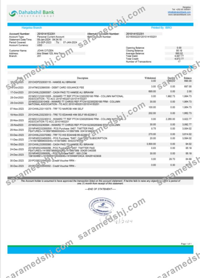 Somalia Dahabshil Bank International bank statement Word and PDF template